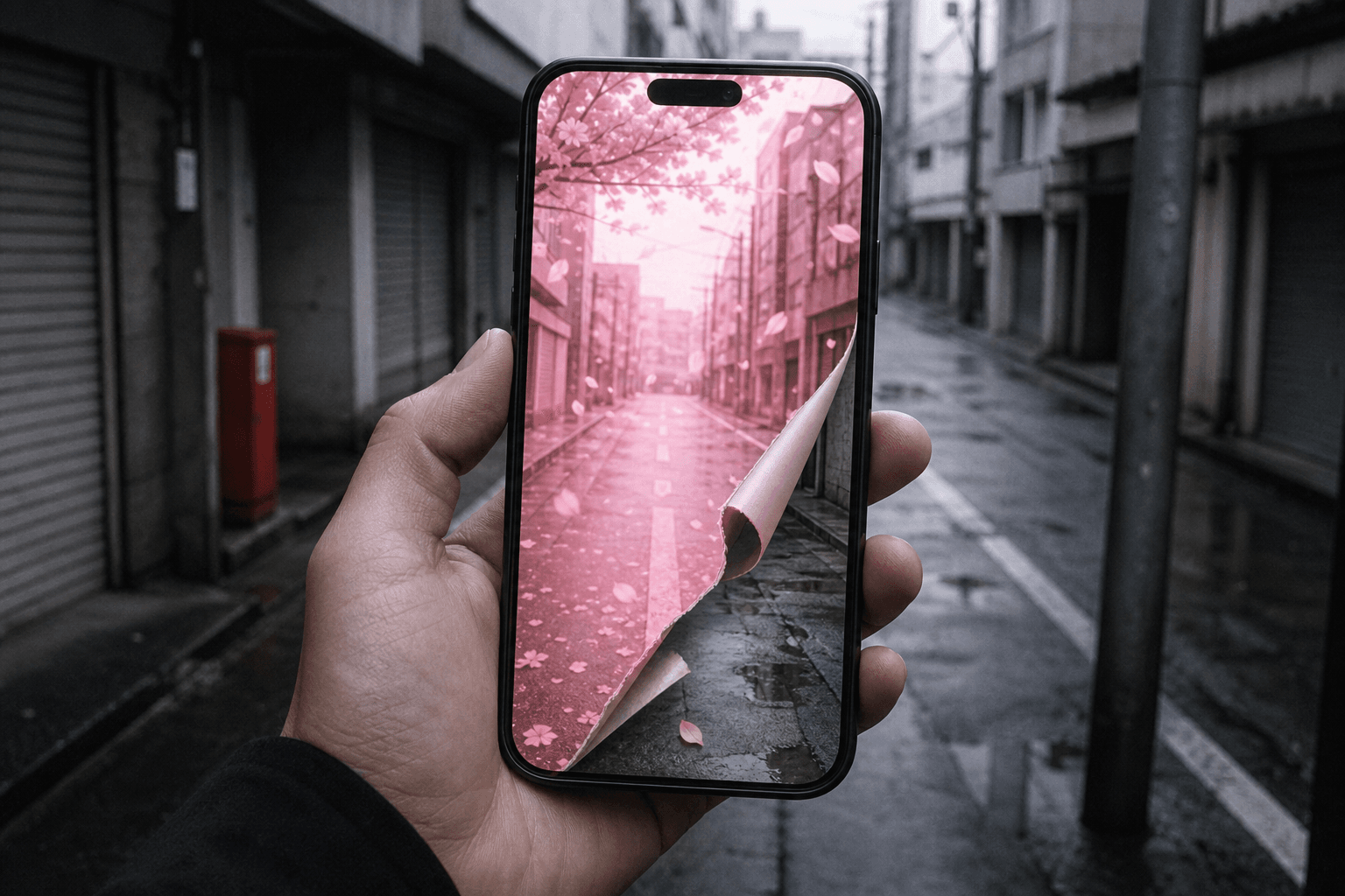 Une main applique un filtre rose kawaii sur une rue grise ; le filtre se décolle sur les bords, révélant le réel terne dessous