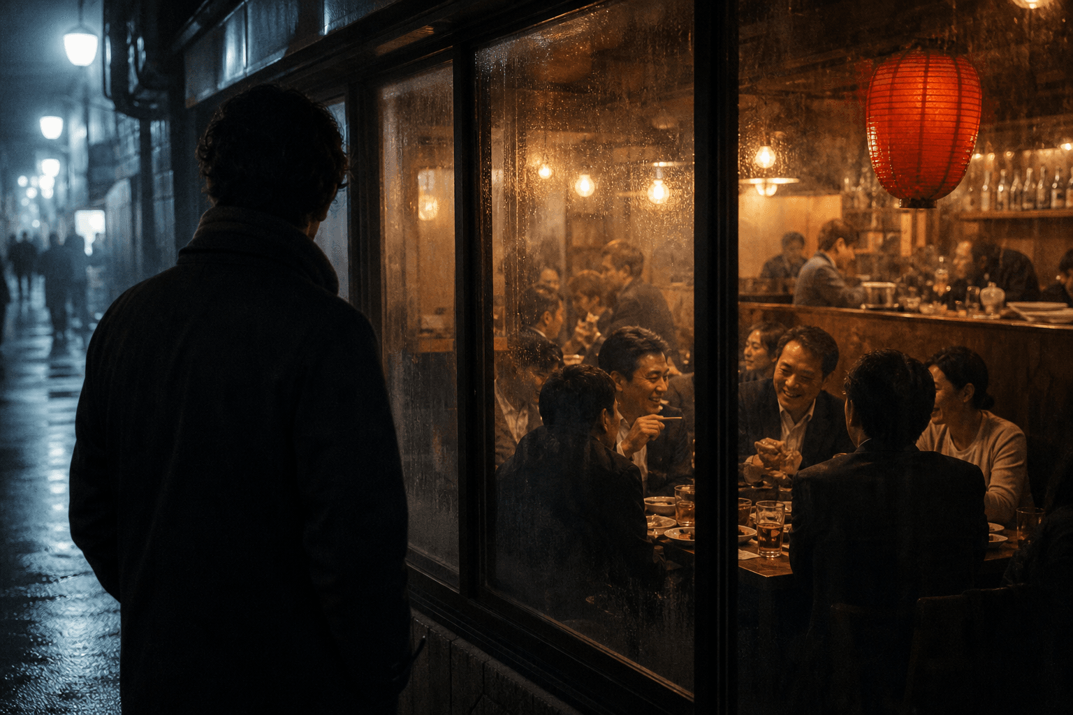 Silhouette d'un étranger seul derrière une vitre, devant un groupe japonais dans un izakaya chaleureux