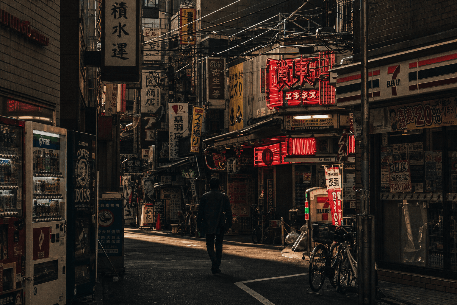Vue de dos d'une personne seule dans une rue de Tokyo dense en kanji et enseignes japonaises, cadrage cinématographique