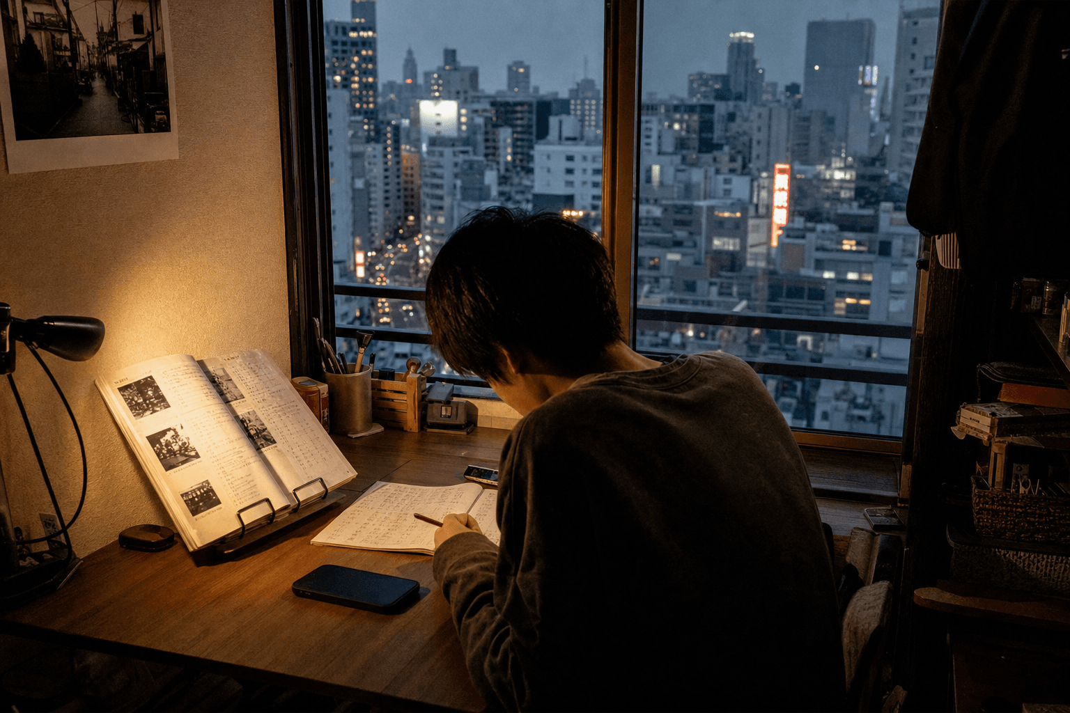 Une personne étudie des manuels de japonais sur un bureau en bois, vue de Tokyo au crépuscule par la fenêtre, grain cinématographique